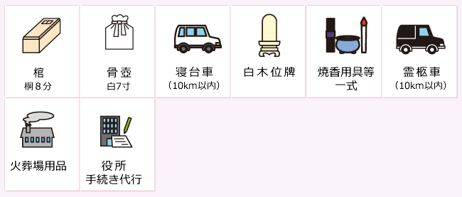 棺・骨壺・寝台車・ドライアイス・焼香用具等一式・霊柩車・火葬場用品・役所手続き代行